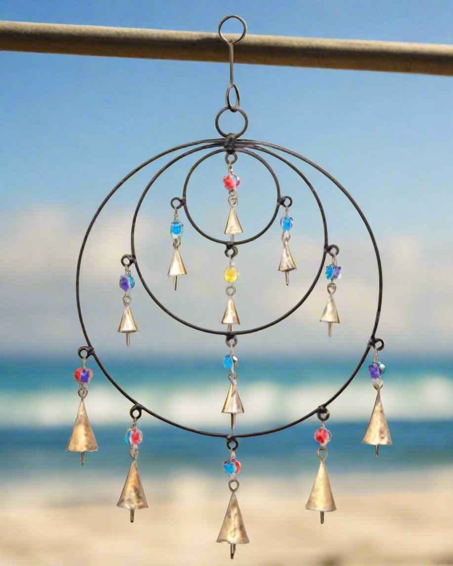 Triple Circle Chime With Beads And Brass Bells Eco Friendly Handmade